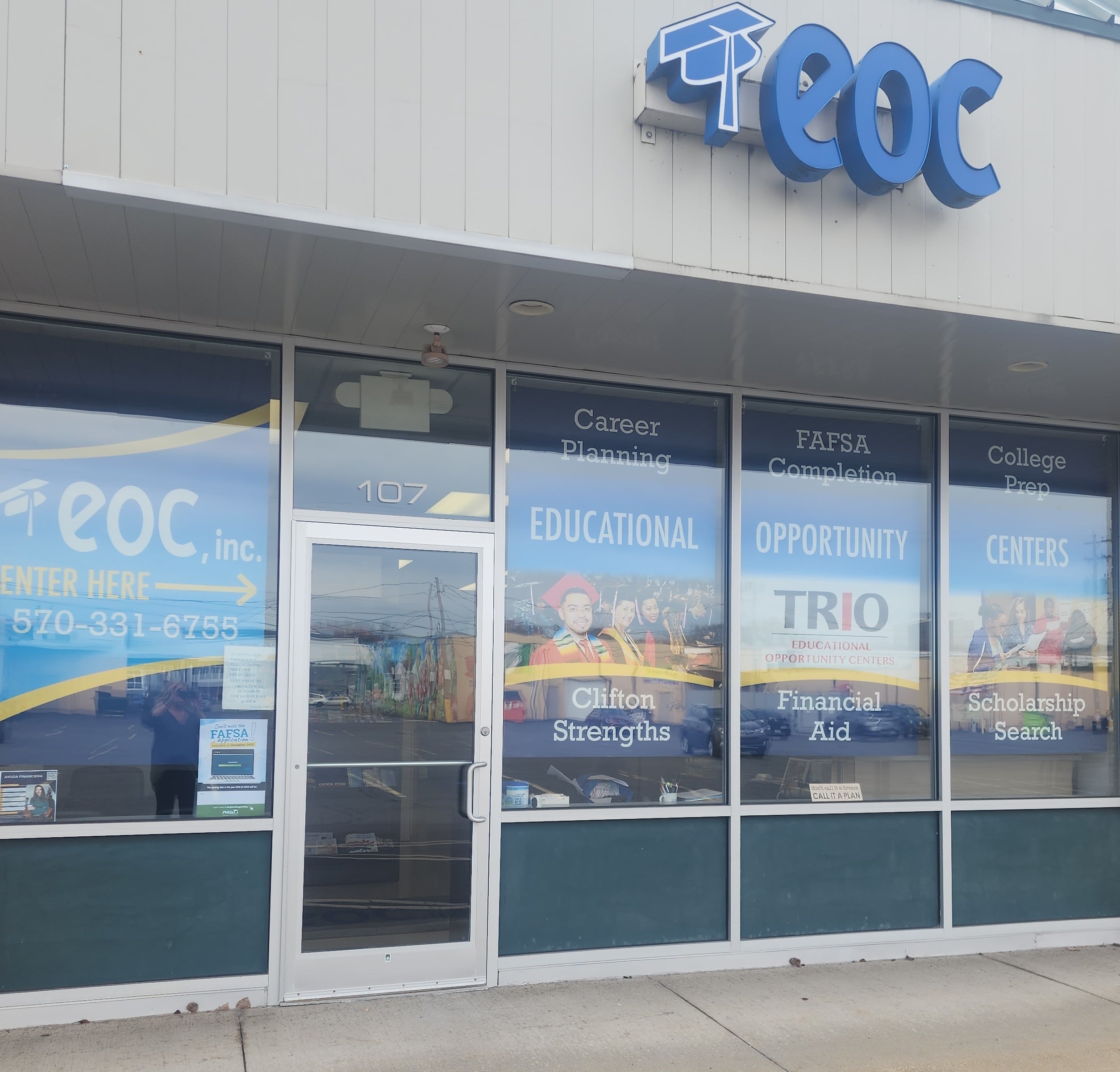 EOC office at 107 gateway shopping centers This is a picture of the main office windows in Edwardsville. It lists EOC, Inc. as the place to get help with Career Planning and FAFSA Completion